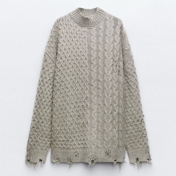 ZARA High Neck Ripped Cable Knit Sweater With Studs Size M - Picture 4 of 16